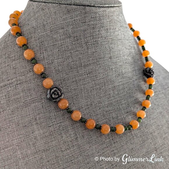 Vintage Sterling Silver Necklace Carnelian Quartz & Jade Beads 19" - Picture 2 of 14